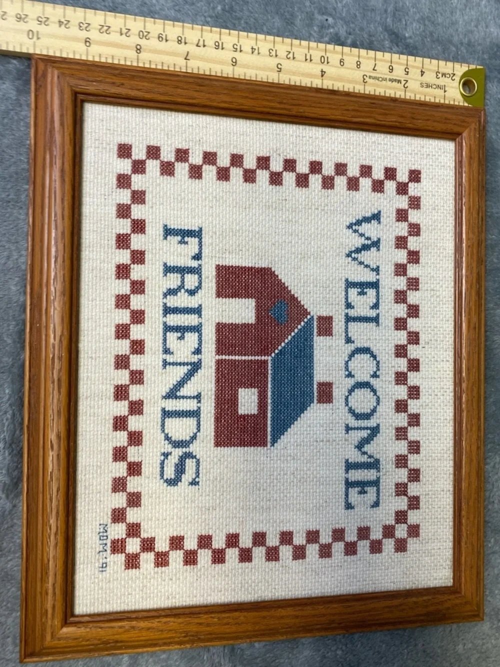 Welcome Friends Framed Cross-Stitch Home Accent - Red & Blue VTG 1991